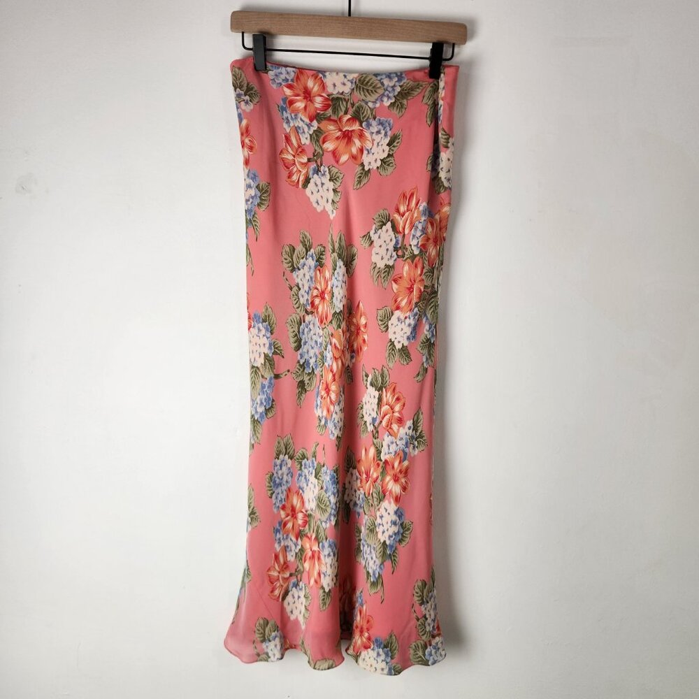Vintage Silk Skirt Womens 8 Pink Floral Maxi Trad Wife Y2K Feminine Garden - Picture 6 of 13